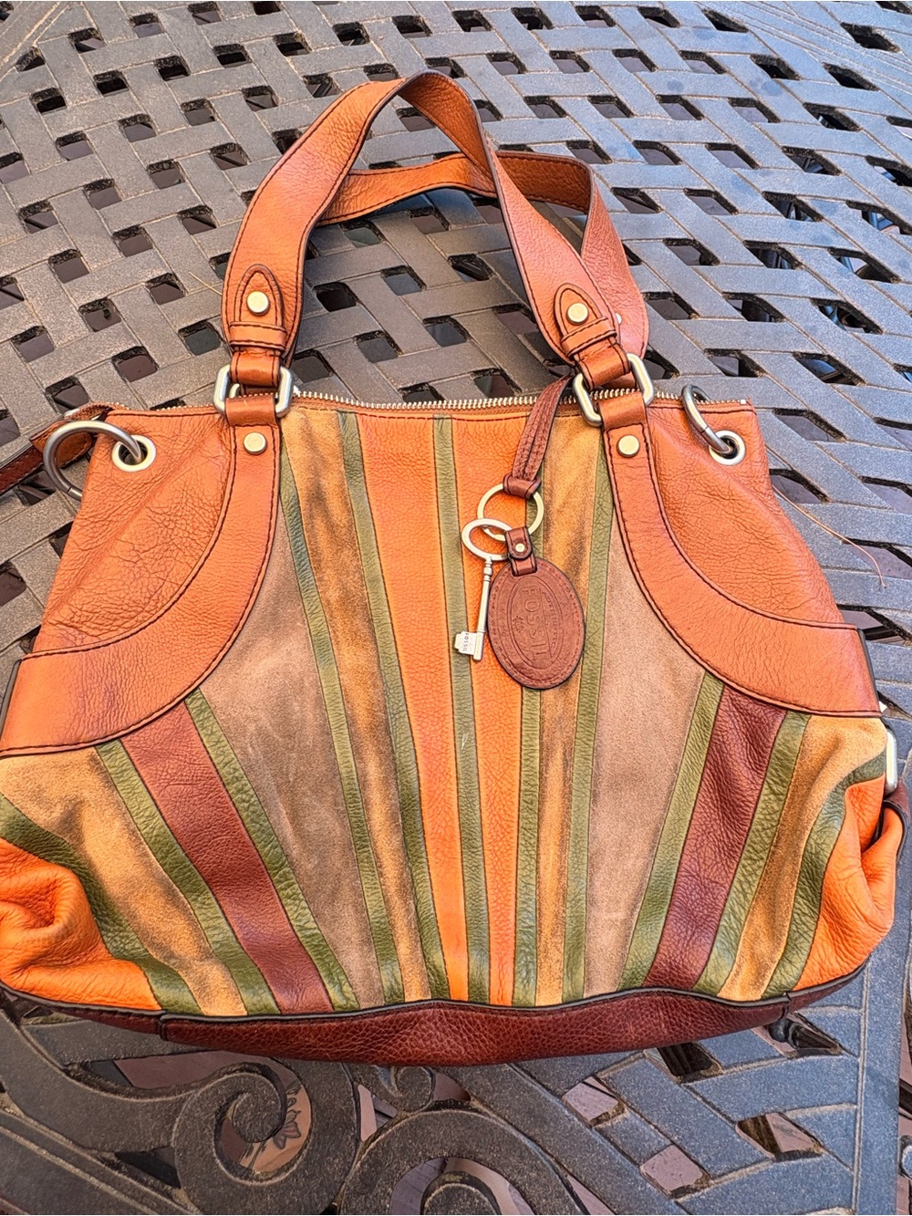 Vintage Fossil Multi-Stripe Leather HOBO Shoulder Bag in Orange, Brown, Green